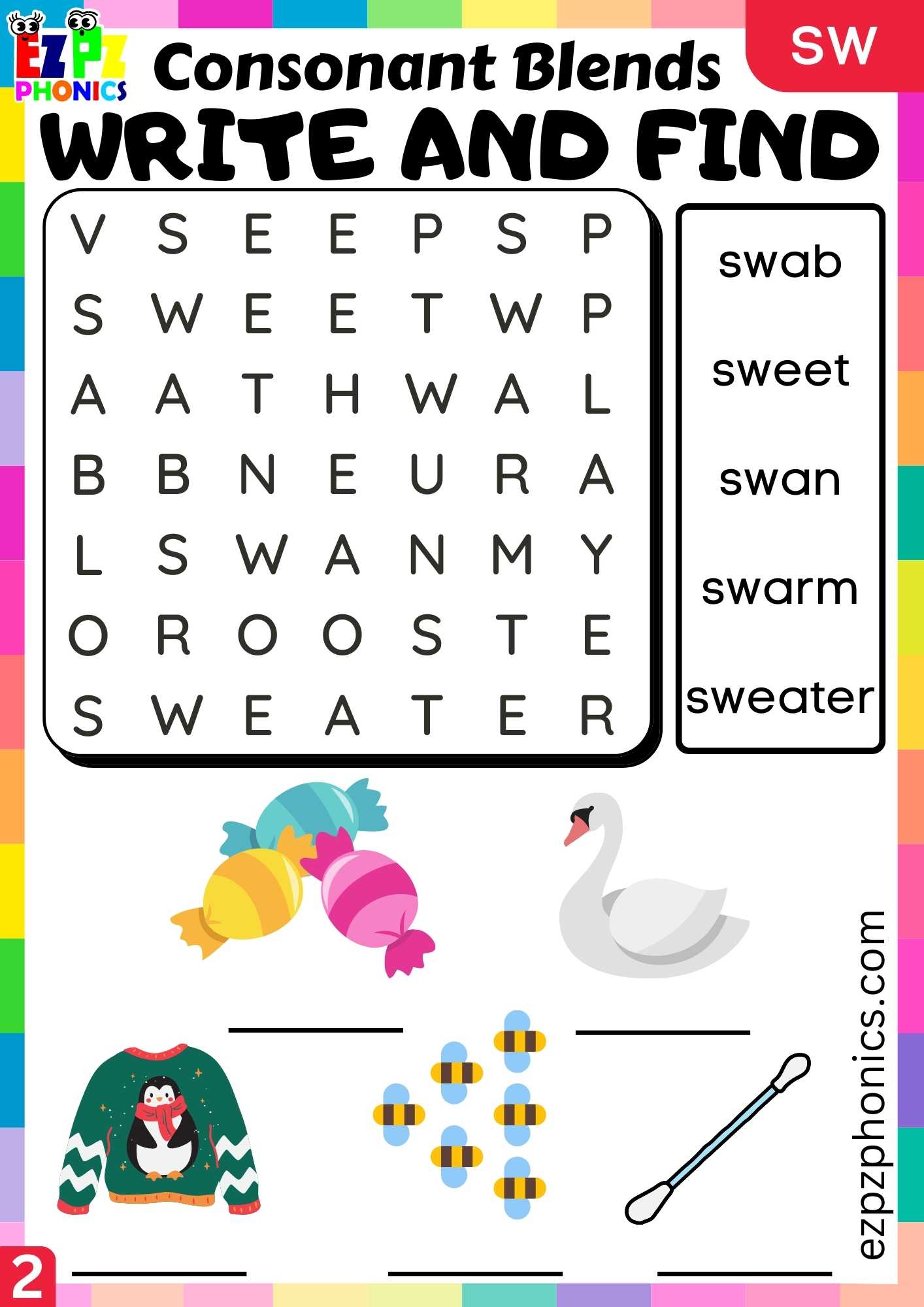 Group2 SW Words Write And Find Phonics Consonant Blends Worksheet